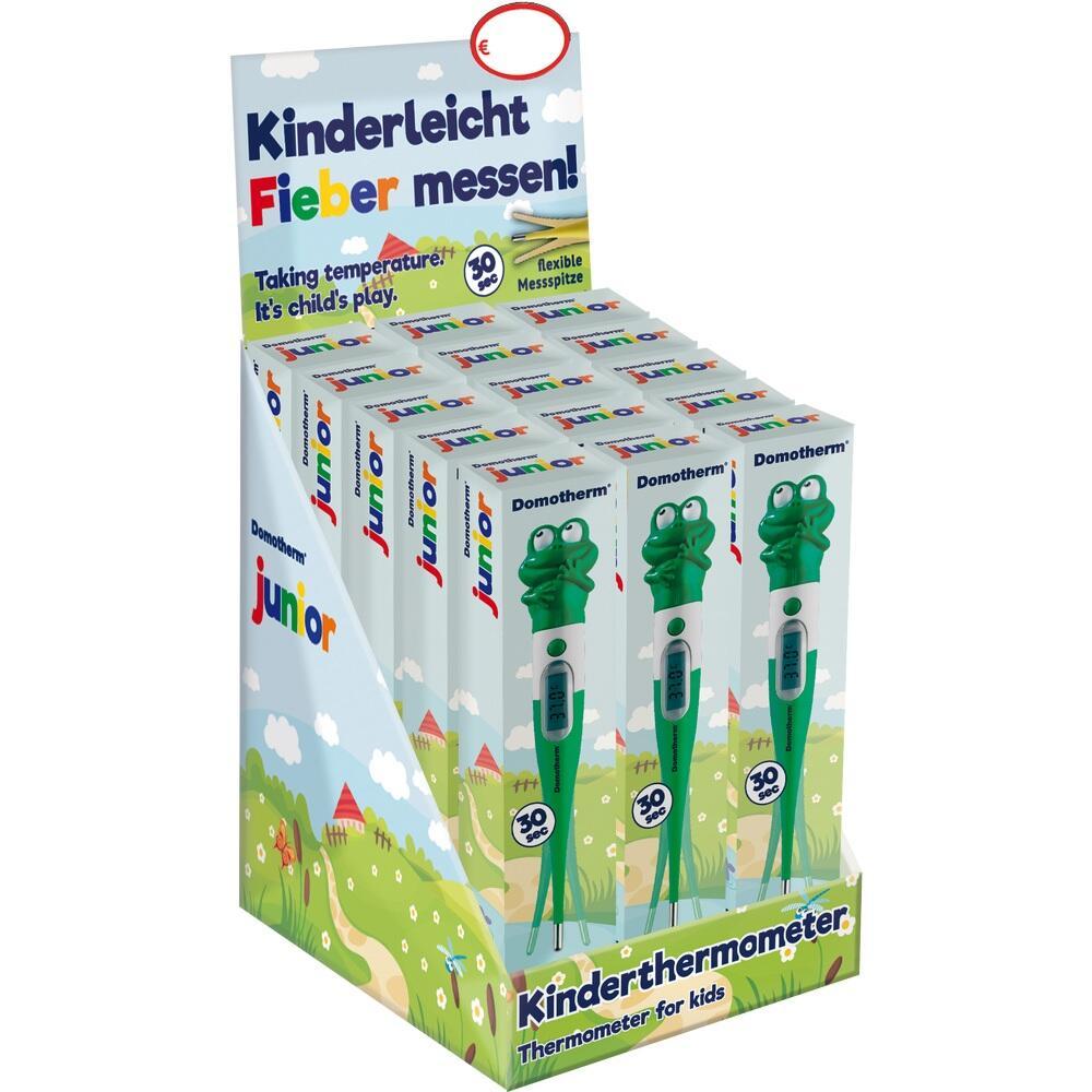 Eine Verpackung mit gr&uuml;nen Fieberthermometern f&uuml;r Kinder zeigt einen Frosch.
