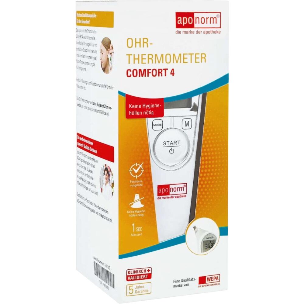 Verpackung eines Ohrthermometers mit der Aufschrift "apo norm Comfort 4".