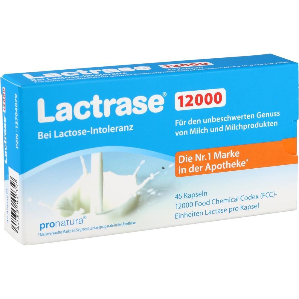 Blaue Verpackung mit dem Text "Lactrase 12000" f&uuml;r Laktoseintoleranz.