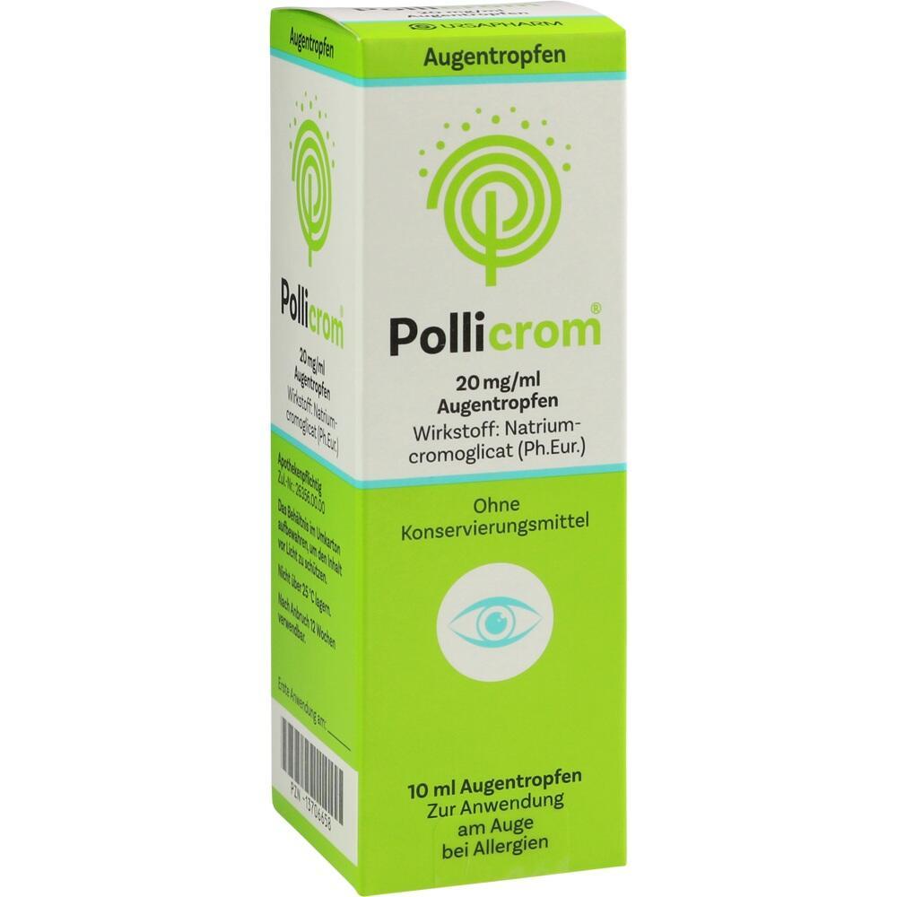Gr&uuml;ne und wei&szlig;e Verpackung von PolliCrom Augentropfen gegen Allergien.