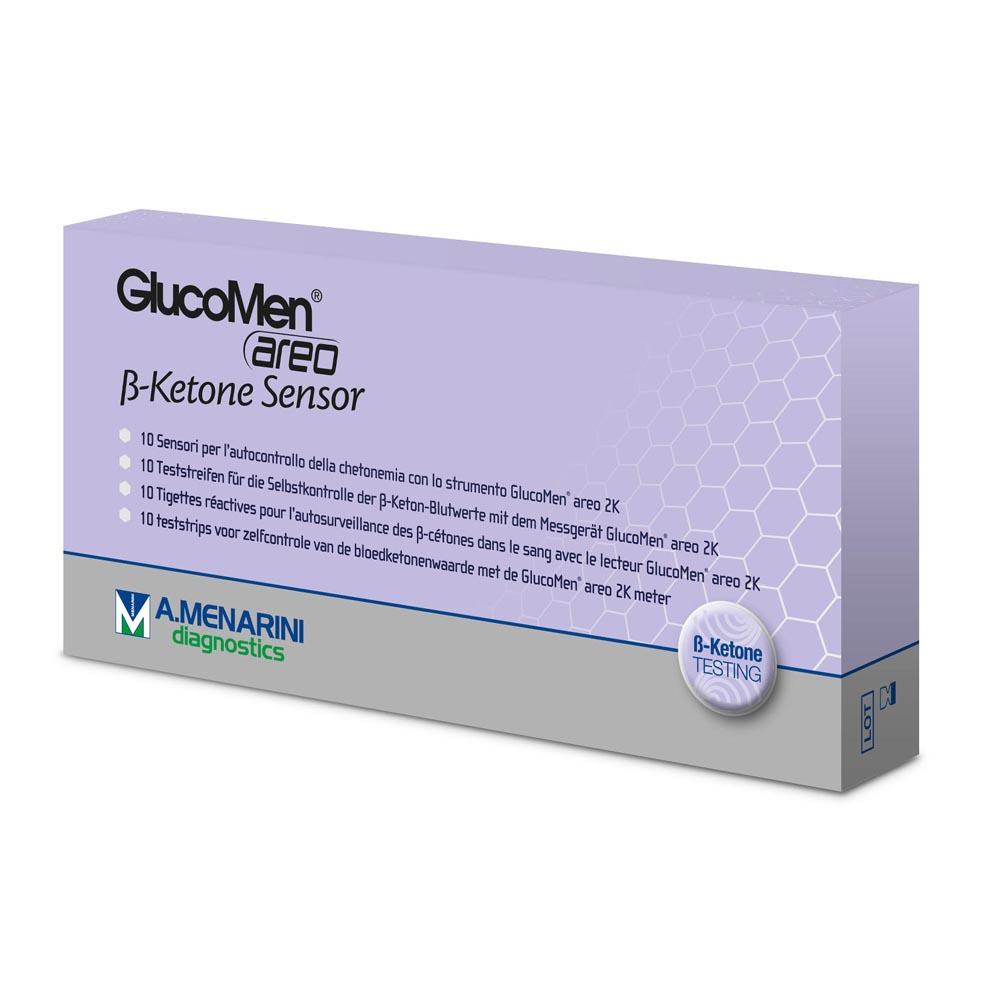 Lila Schachtel mit 10 Teststreifen zur Messung von Ketonen im Blut.