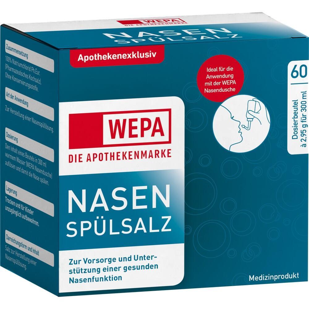 Blaue Verpackung von WEPA Nasensp&uuml;lsalz f&uuml;r eine gesunde Nasenfunktion.