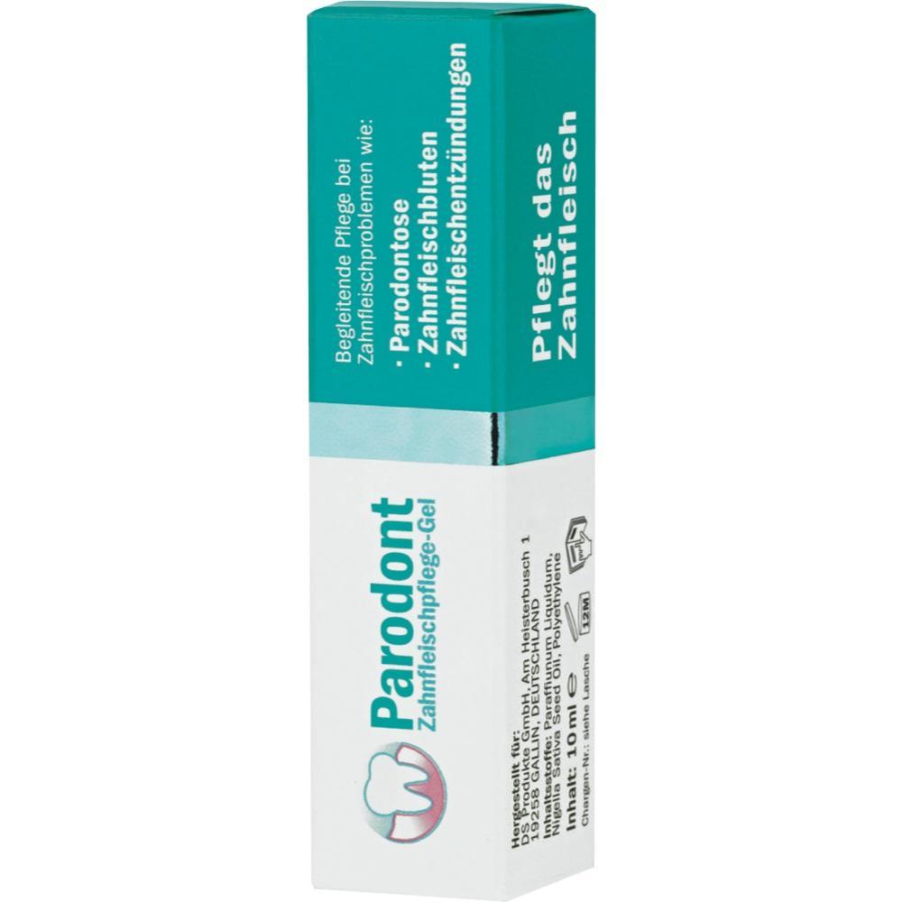 Eine Packung Zahnpflege-Gel für Zahnfleischprobleme steht aufrecht.