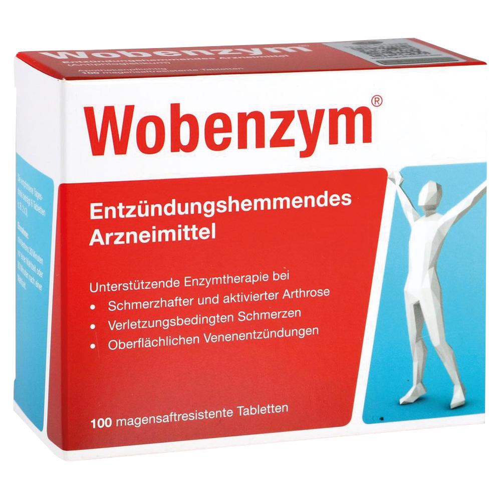Weiße Medikamentenverpackung mit rotem Schriftzug "Wobenzym" und Figur rechts.