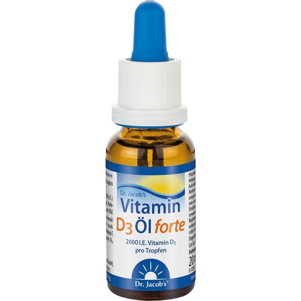 Flasche mit Vitamin D3 &Ouml;l und einer blauen Pipette oben.