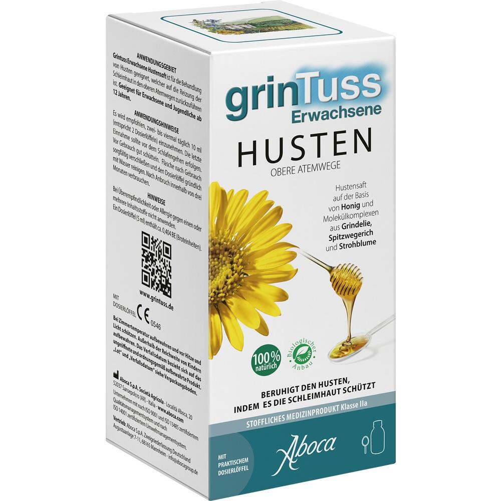 Verpackung eines Hustensafts mit gelber Blume und Honiglöffel auf der Vorderseite.