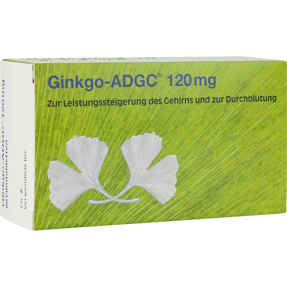 Grüne Packung mit Ginkgo-Blättern, darauf steht "Ginkgo-ADGC 120 mg".