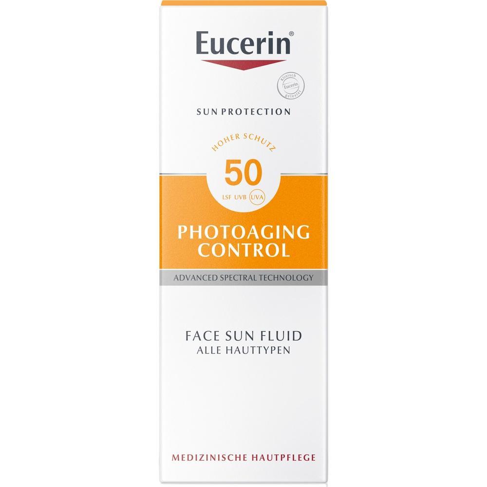 Auf der Verpackung steht "Eucerin LSF 50 Sonnencreme für alle Hauttypen".