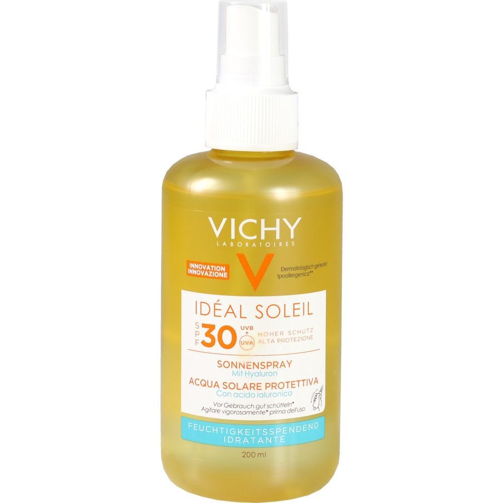Gelbe Flasche mit Sonnenspray SPF 30 von Vichy.