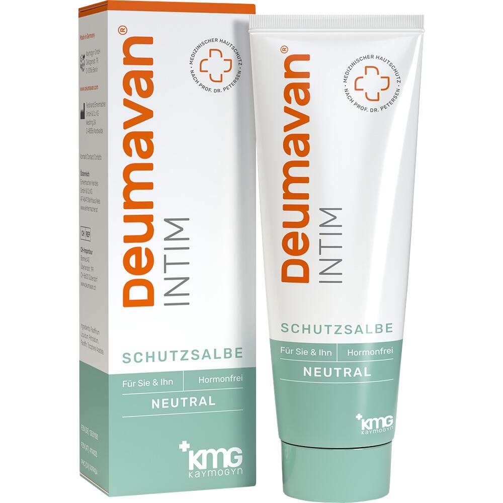 Eine Tube und Schachtel der Deumavan Intim-Schutzsalbe, neutral und hormonfrei.