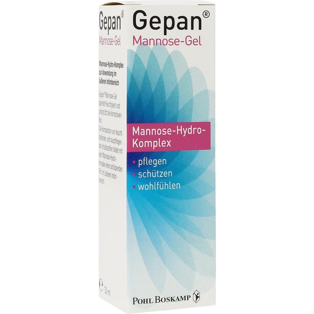 Wei&szlig;e Verpackung mit blauem Muster und der Aufschrift "Gepan Mannose-Gel".