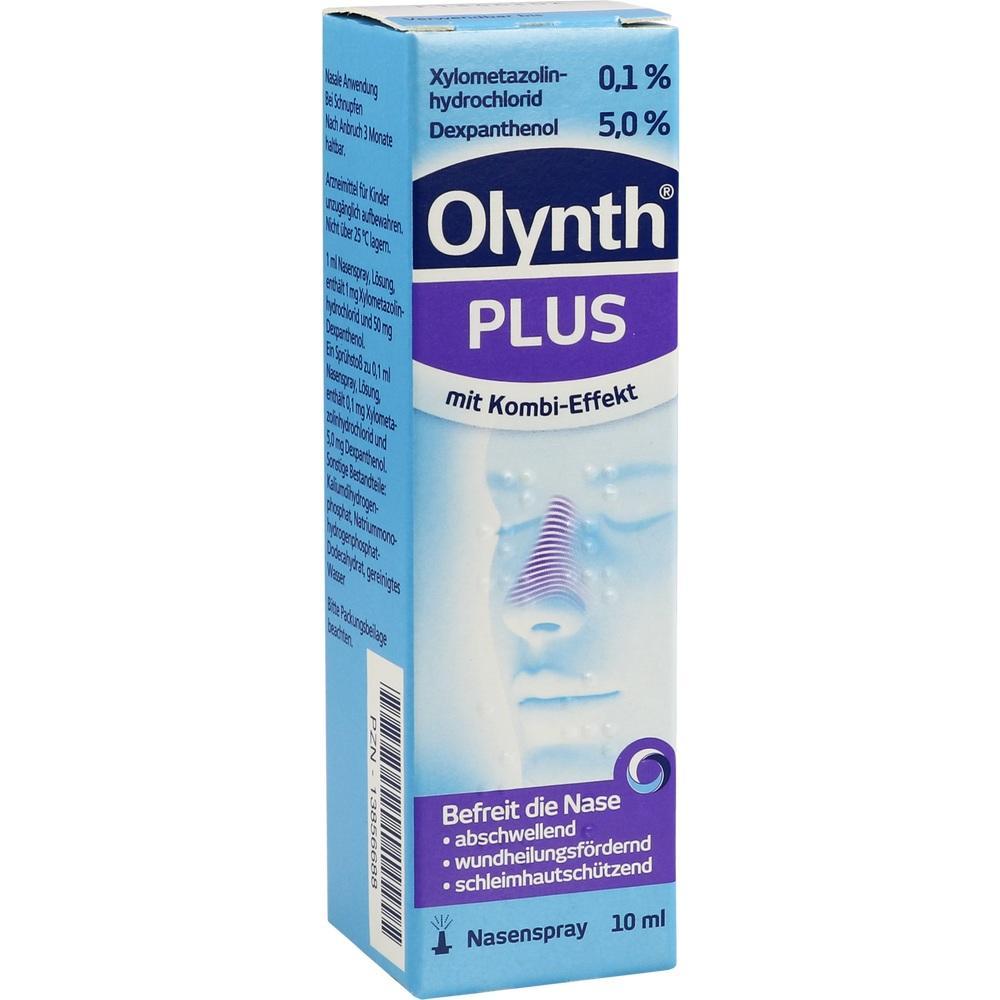 Das Bild zeigt eine Verpackung von einem Nasenspray namens "Olynth Plus".