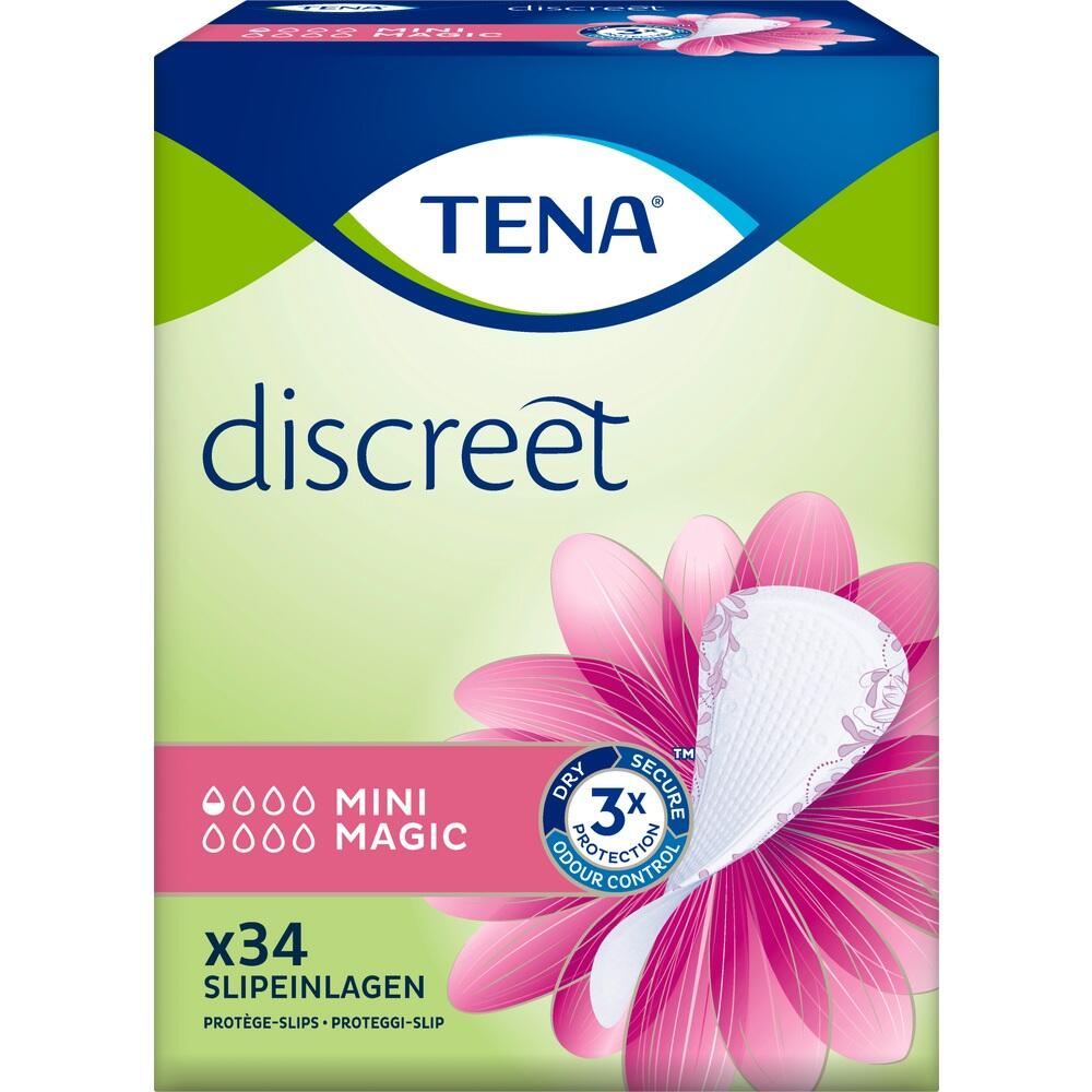 Verpackung von Tena Discreet Slipeinlagen mit rosa Blume.