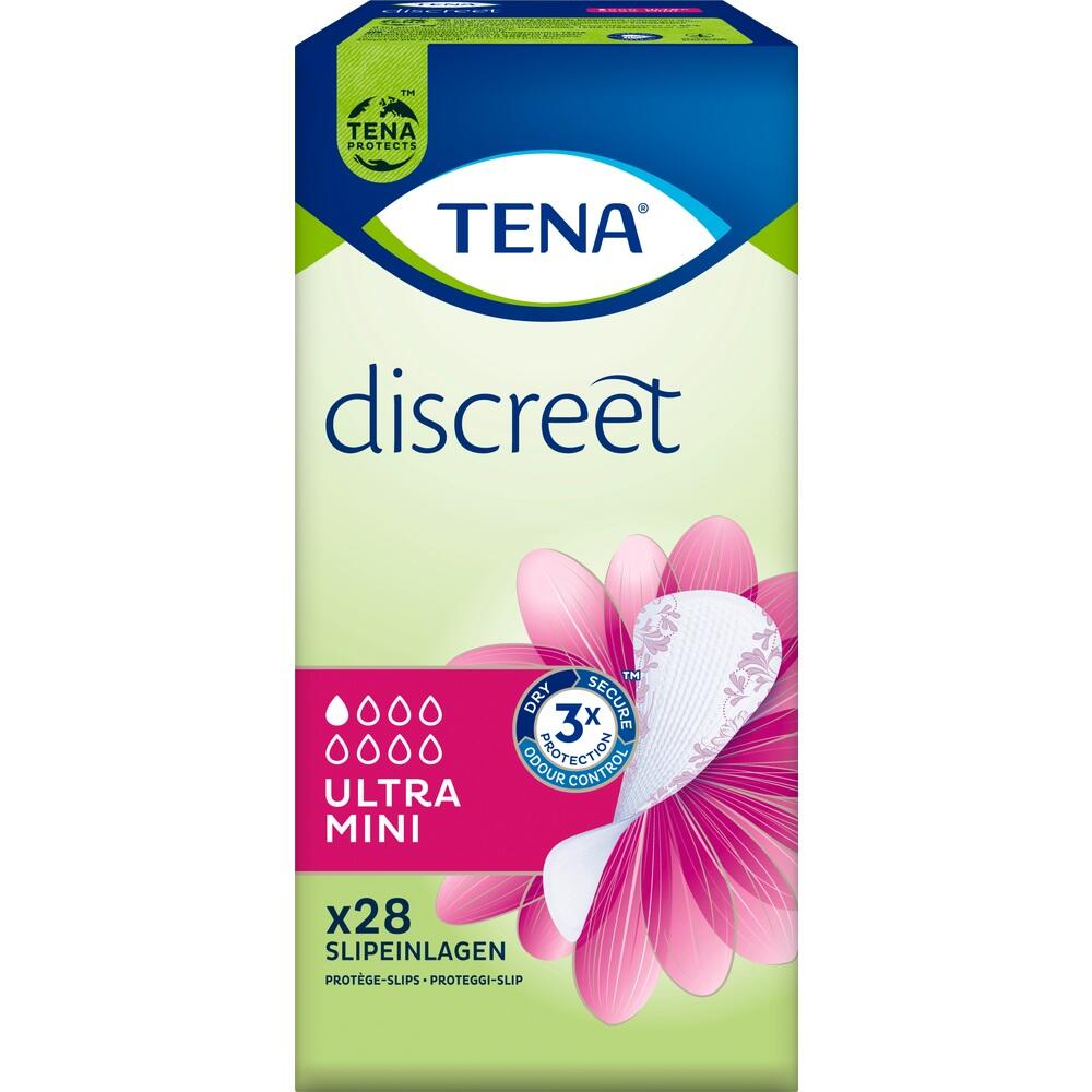 Verpackung von TENA Slipeinlagen mit rosa Blume und Text "discreet ultra mini".