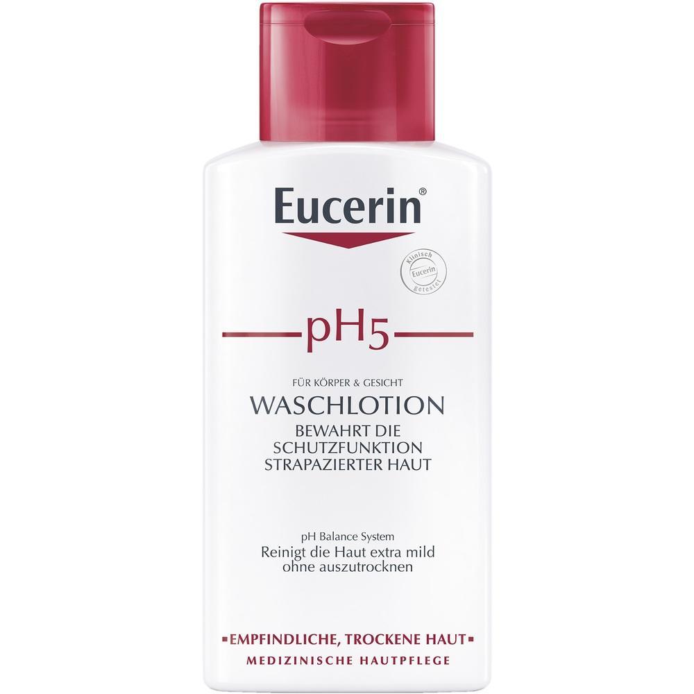 Eine Flasche Eucerin pH5 Waschlotion für empfindliche, trockene Haut.