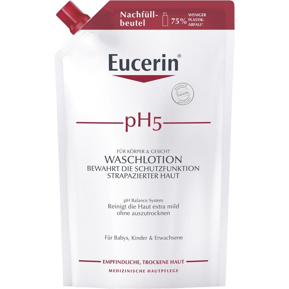 Beutel mit Eucerin pH5 Waschlotion für empfindliche Haut und weniger Plastikverbrauch.