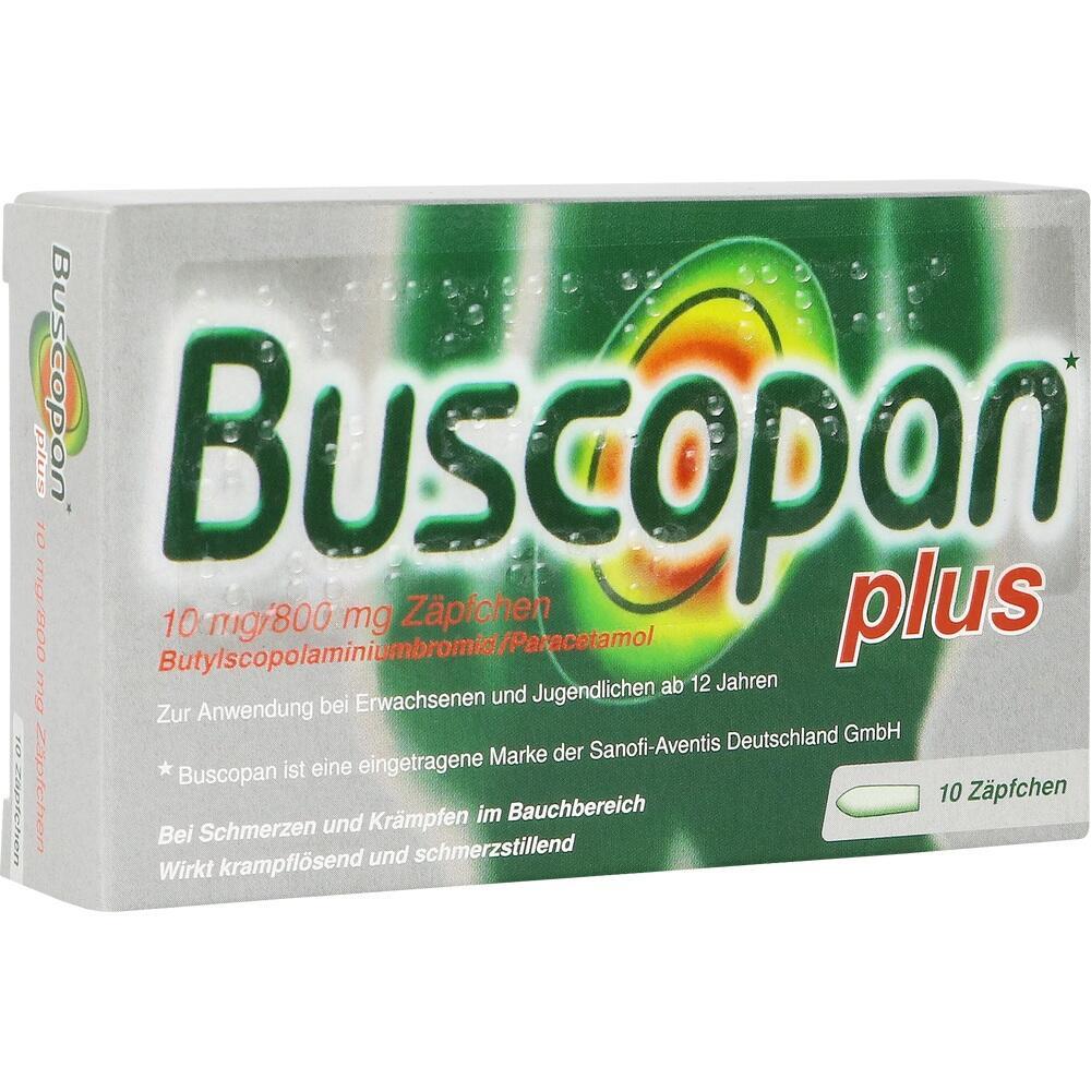 Packung von Buscopan plus Z&auml;pfchen gegen Bauchschmerzen und Kr&auml;mpfe.