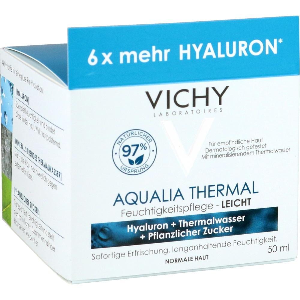 Wei&szlig;e Produktverpackung f&uuml;r Vichy Aqualia Thermal Feuchtigkeitspflege mit blauen Elementen.