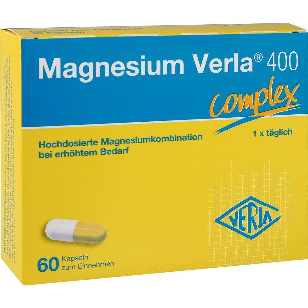 Gelbe Packung mit Magnesium-Kapseln, empfohlen bei hohem Bedarf, 60 St&uuml;ck enthalten.