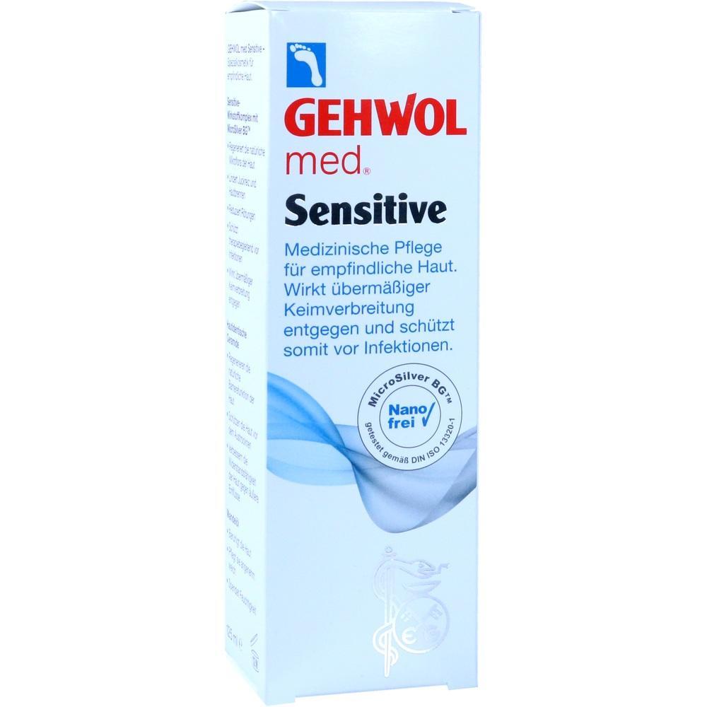 Eine weiße Packung von Gehwol med Sensitive, eine Creme für empfindliche Haut gegen Keime.