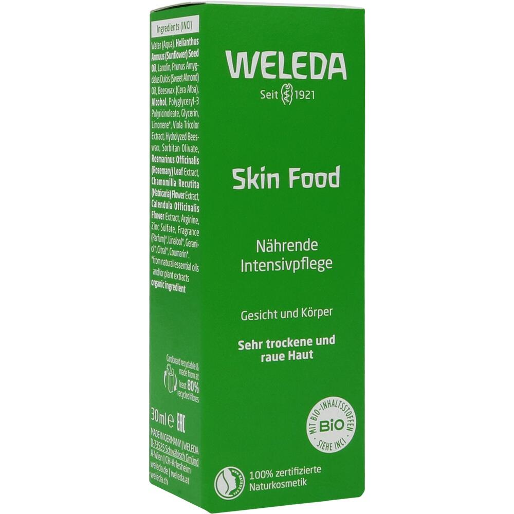 Gr&uuml;ne Verpackung von Weleda Skin Food f&uuml;r trockene Haut.