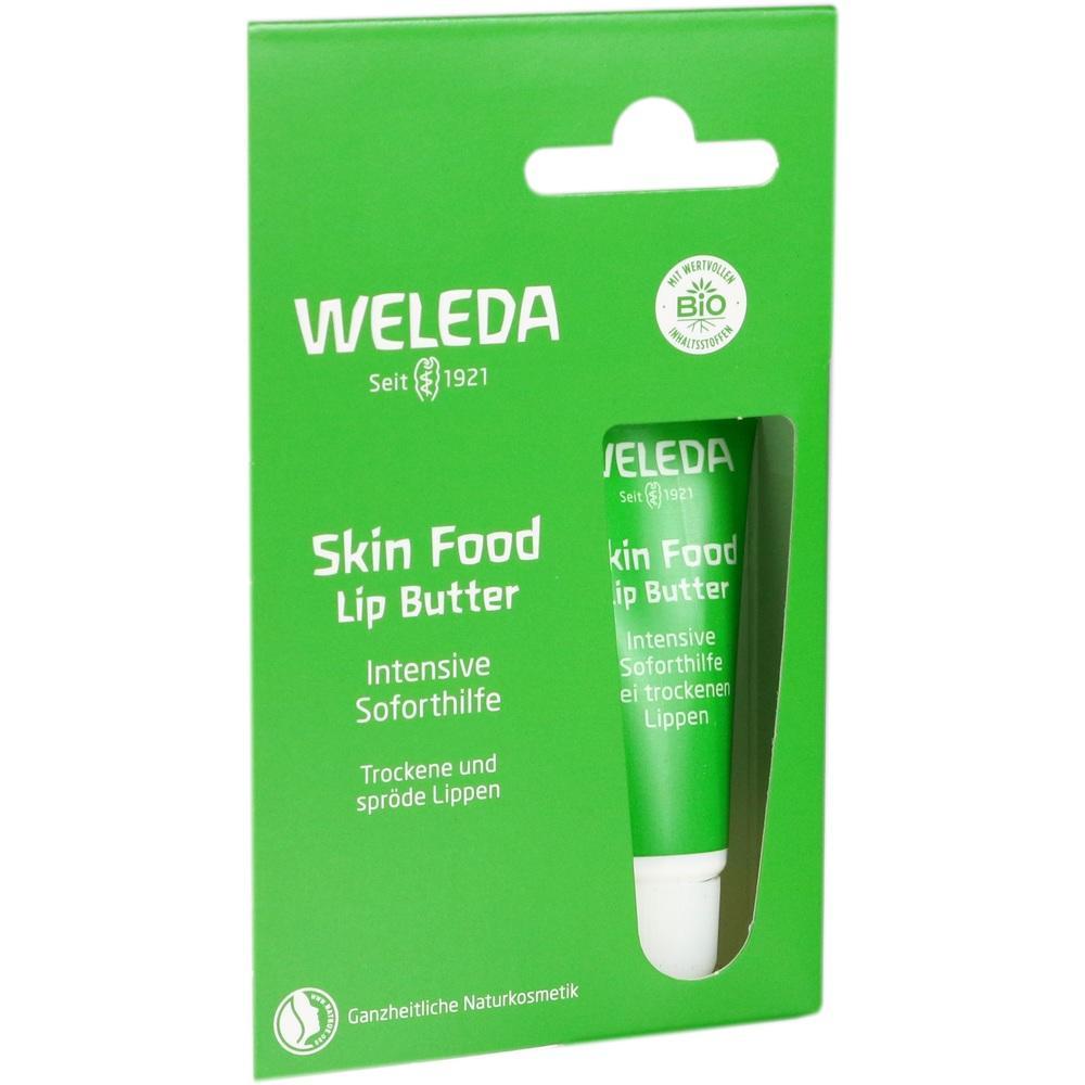 Grüne Verpackung mit Weleda Lip Butter zur Pflege trockener Lippen.