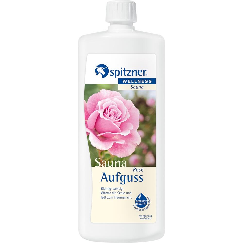 Wei&szlig;e Flasche mit einem Etikett, das eine rosa Blume zeigt und f&uuml;r Sauna-Aufguss wirbt.