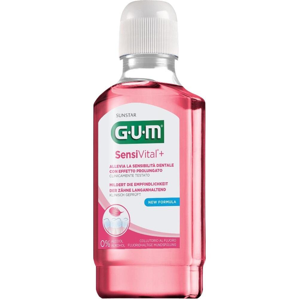 Eine Flasche rosa Mundsp&uuml;lung von GUM SensiVital+ f&uuml;r empfindliche Z&auml;hne.