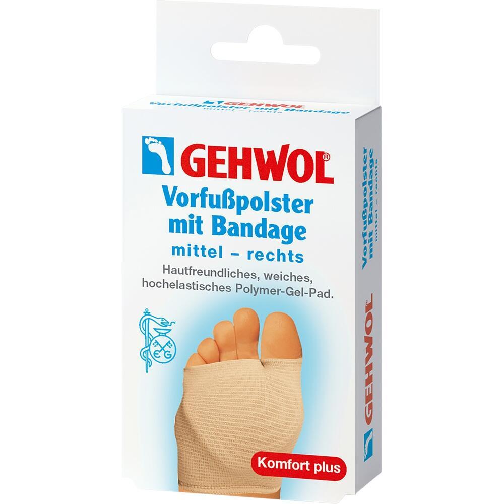 Eine Schachtel mit einem Vorfußpolster und Bandage von Gehwol.