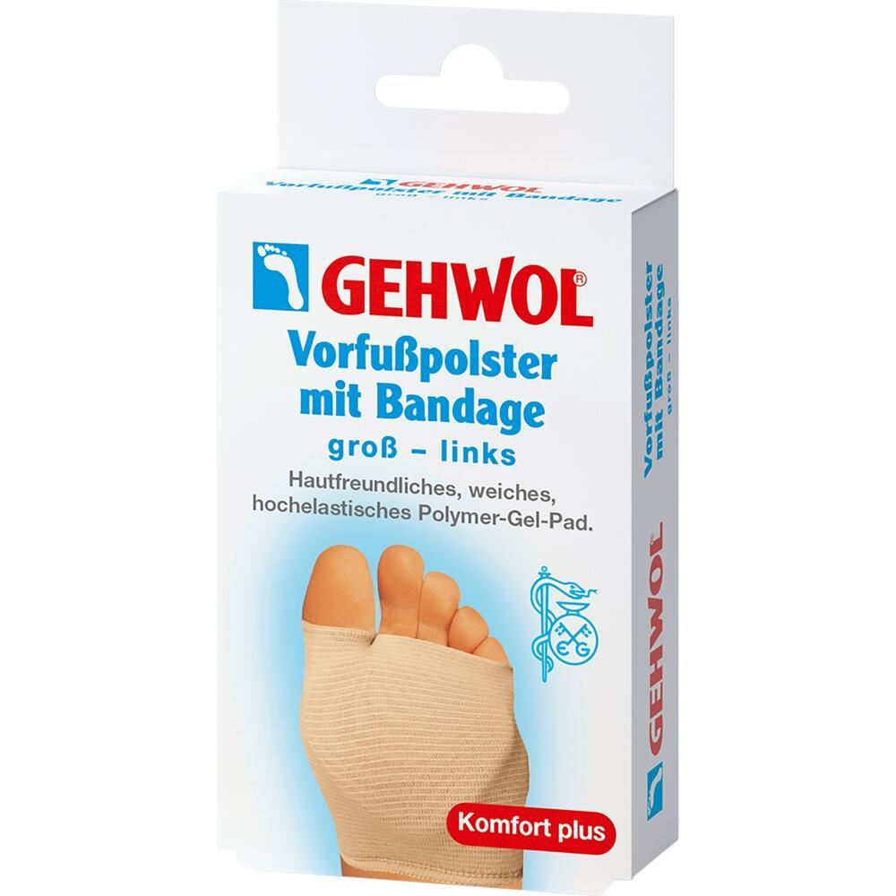 Verpackung eines Vorfußpolsters mit Bandage für den linken Fuß von Gehwol.