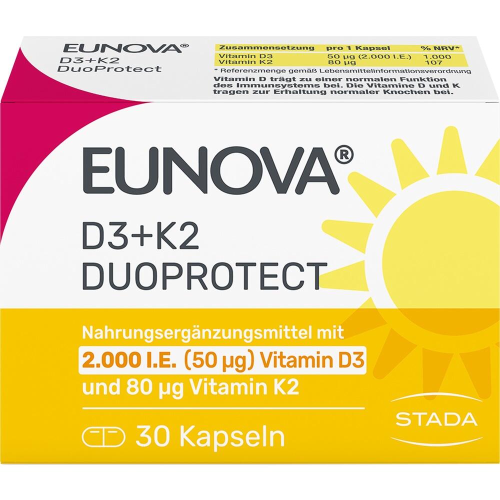 Eine Packung Vitamin D3 und K2 Nahrungsergänzung, Marke EUNOVA, mit 30 Kapseln.