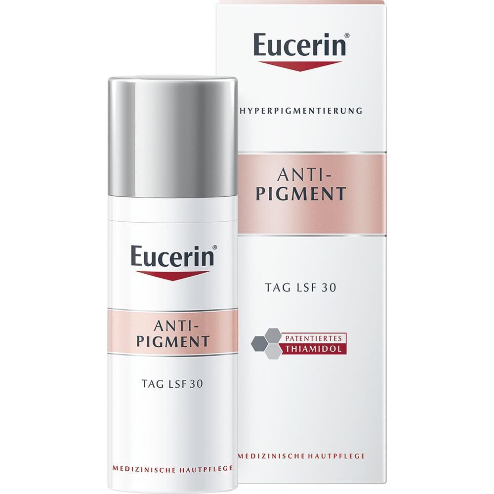 Eine weiße Flasche und Schachtel eines Eucerin Anti-Pigment Produkts mit LSF 30.
