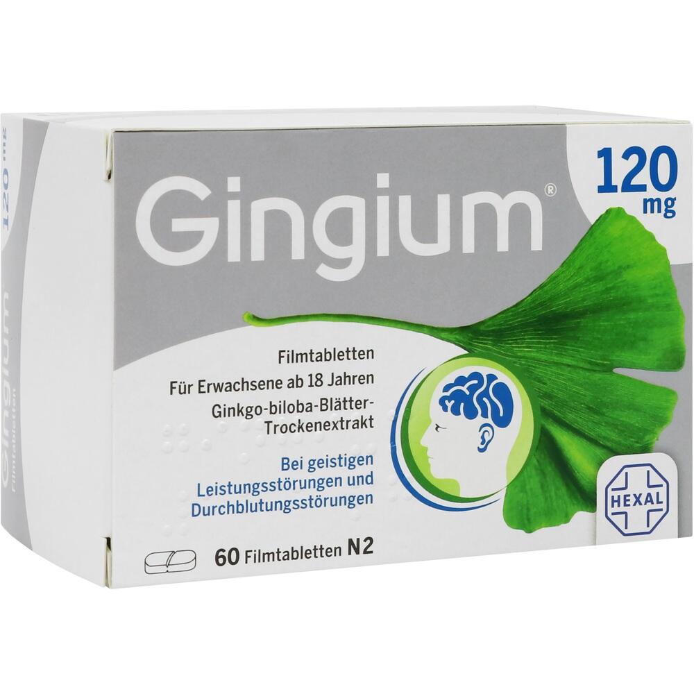 Verpackung von Gingium Tabletten mit Ginkgo-Blatt-Motiv.