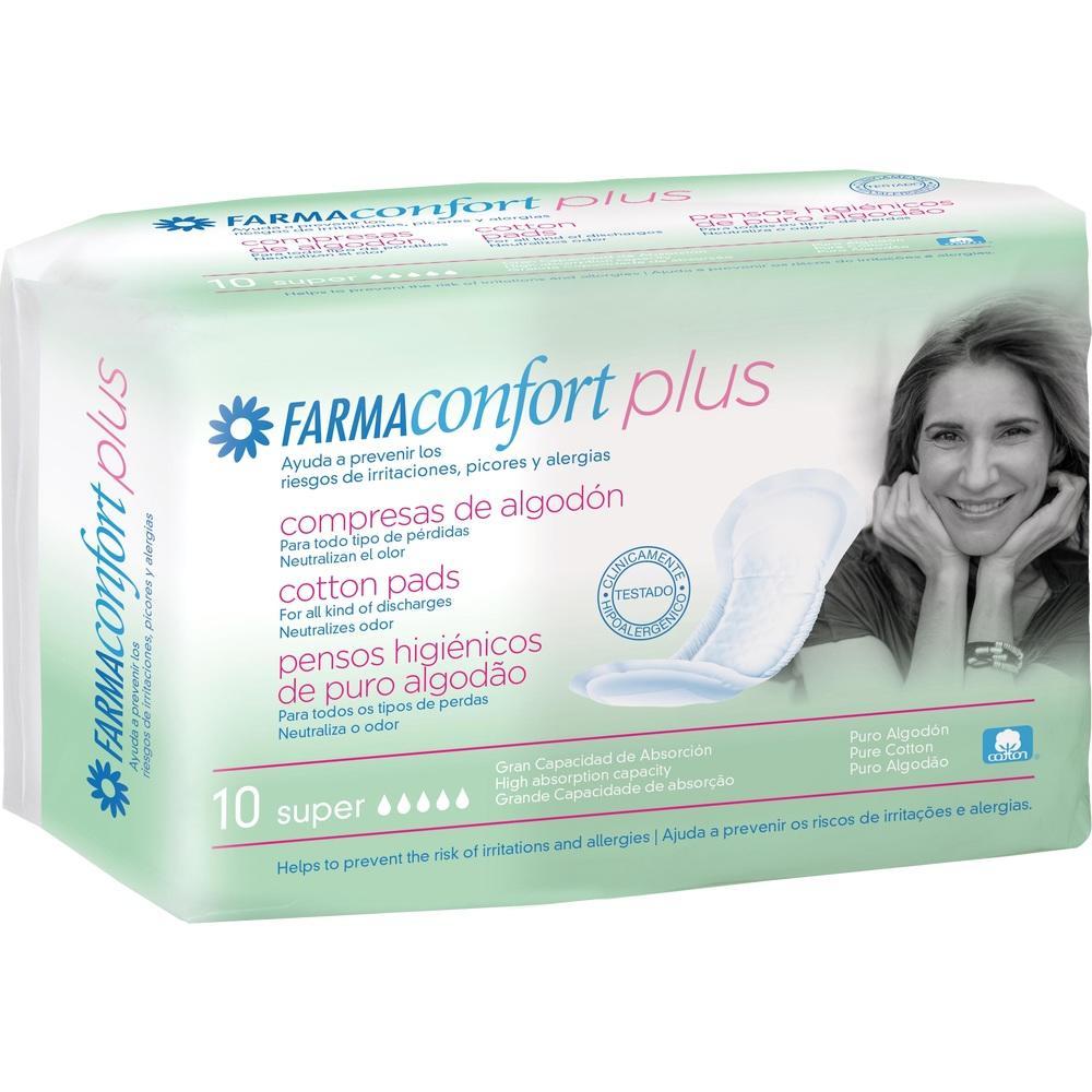 Packung mit Baumwollbinden, darauf l&auml;chelt eine Frau, Markenname "FarmaComfort Plus".