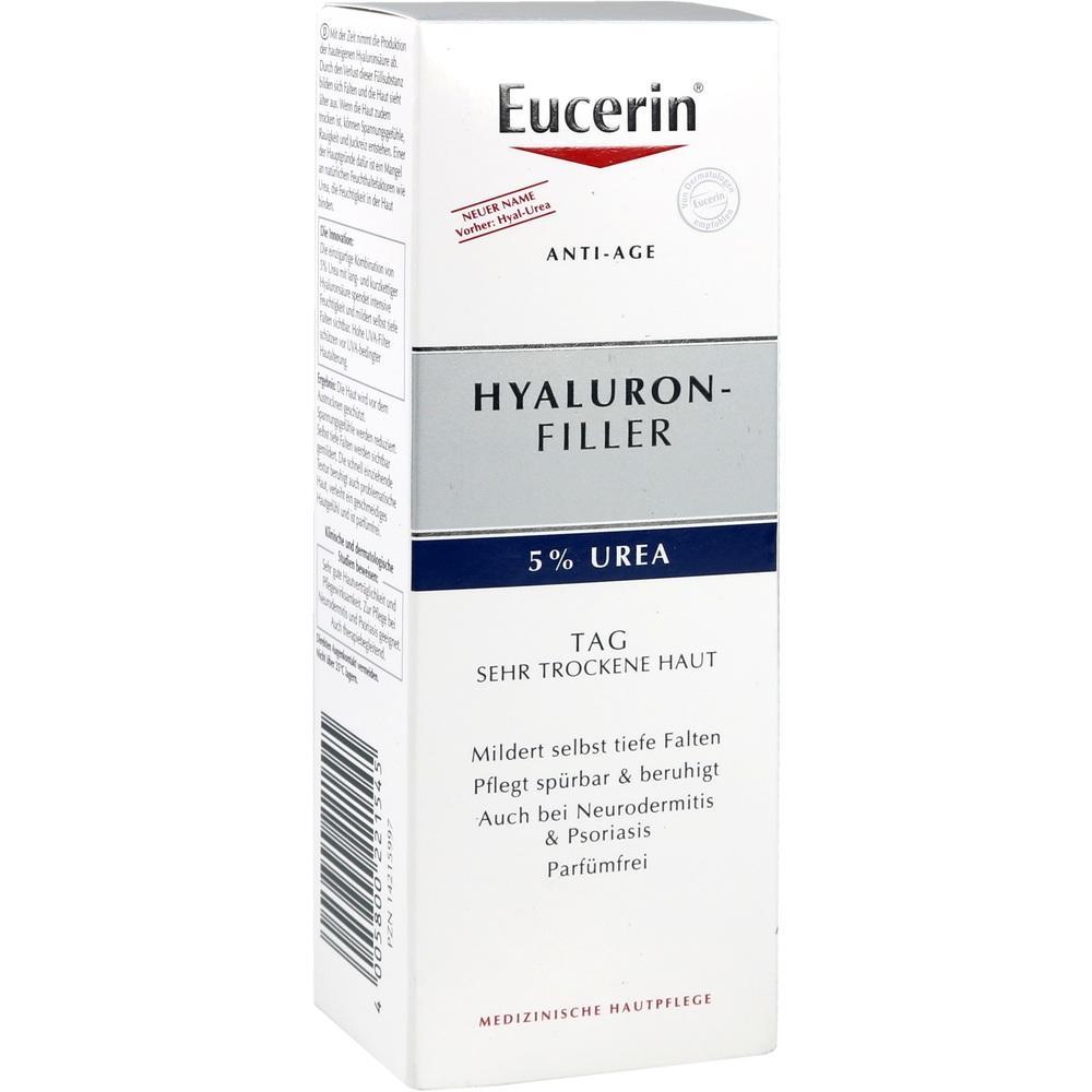 Weiße Verpackung der Eucerin Hyaluron-Filler Creme für trockene Haut.