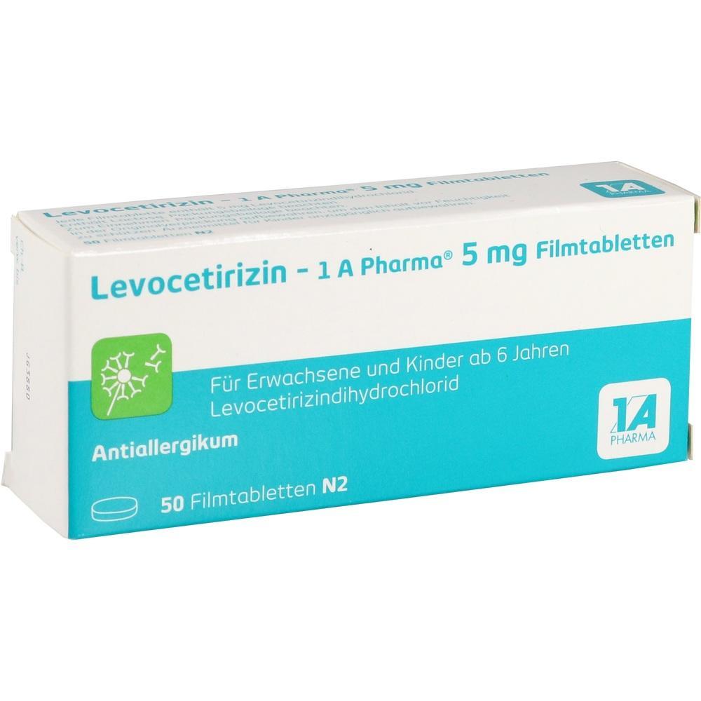 Weiße Packung Levocetirizin 5 mg Tabletten, Antiallergikum für Erwachsene und Kinder ab 6 Jahren.