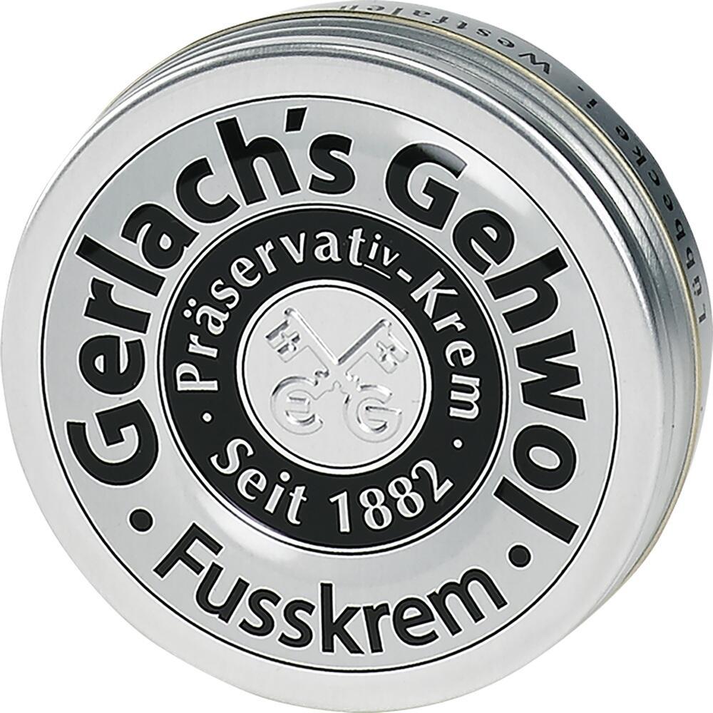 Runde Dose von Gerlach's Gehwol Fußkrem, geschrieben "Seit 1882".