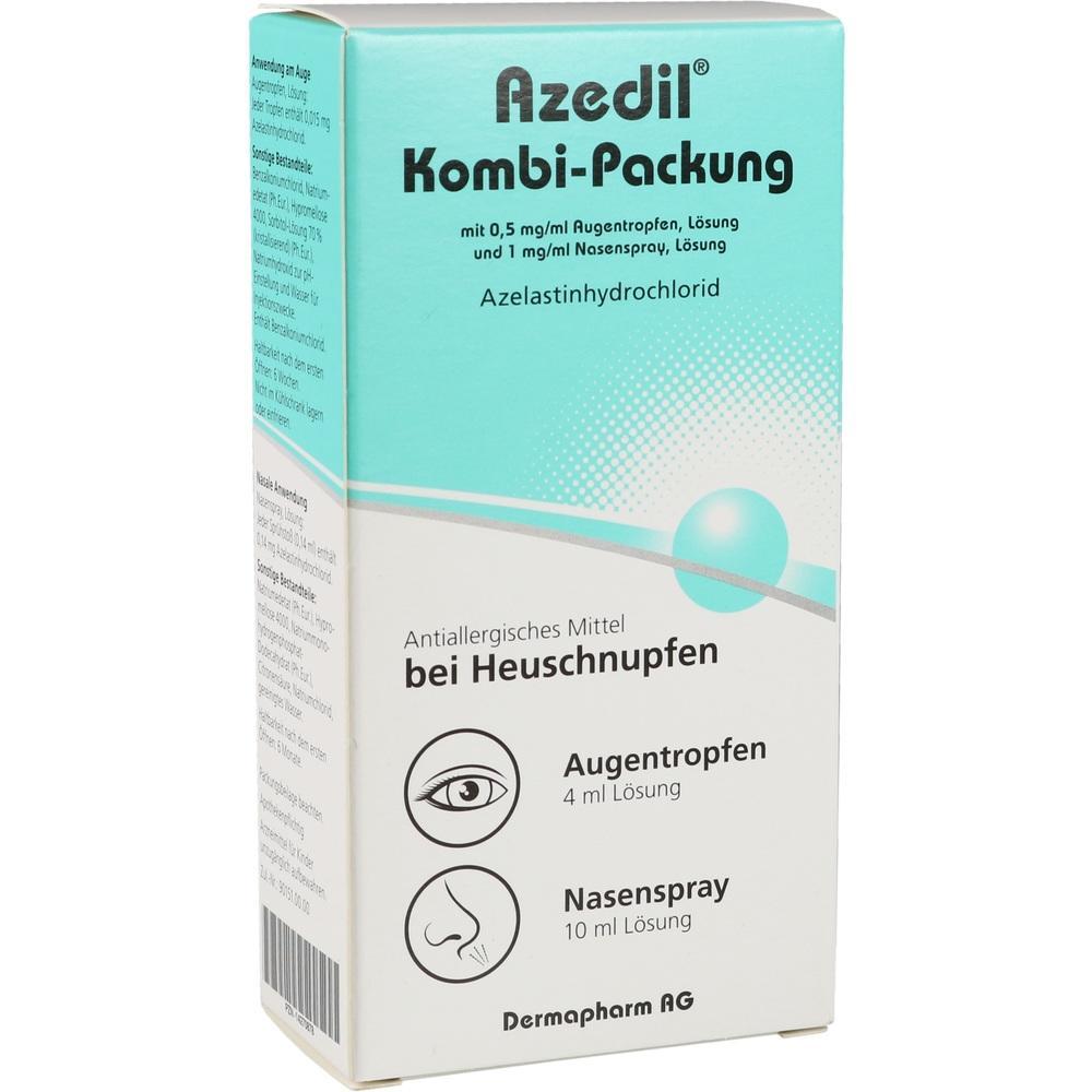 Verpackung von Azedil, einem Mittel gegen Heuschnupfen mit Augentropfen und Nasenspray.