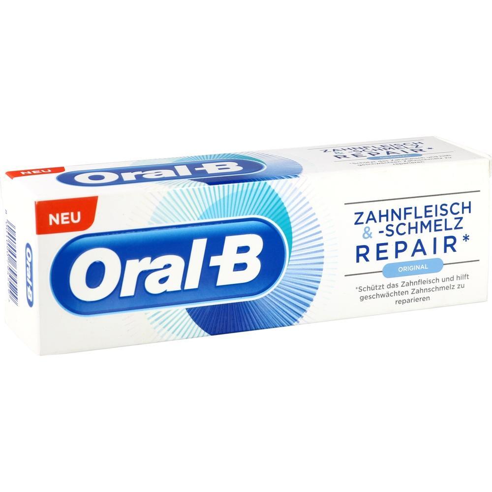 Eine Zahnpasta-Schachtel von Oral-B für Zahnfleisch- und Zahnschmelz-Reparatur.