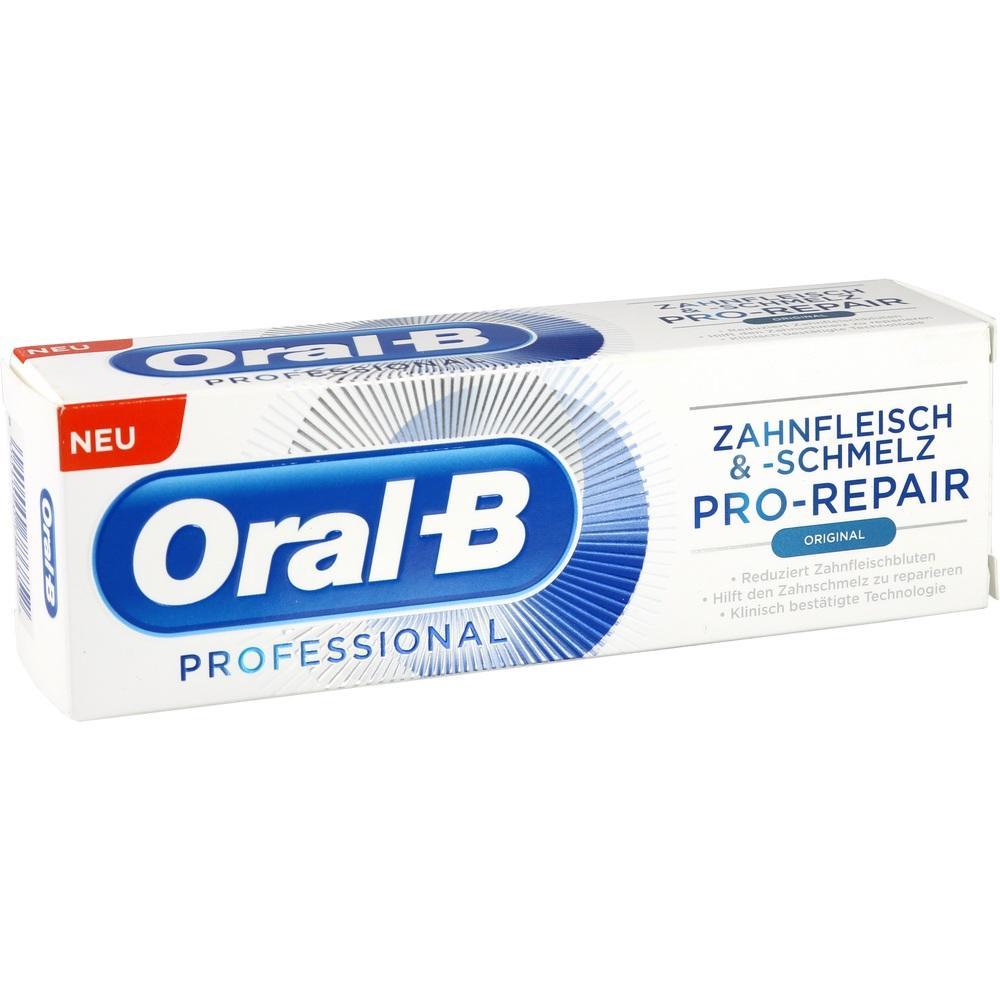 Weiße Zahnpastapackung von Oral-B mit blauem Logo und Text.