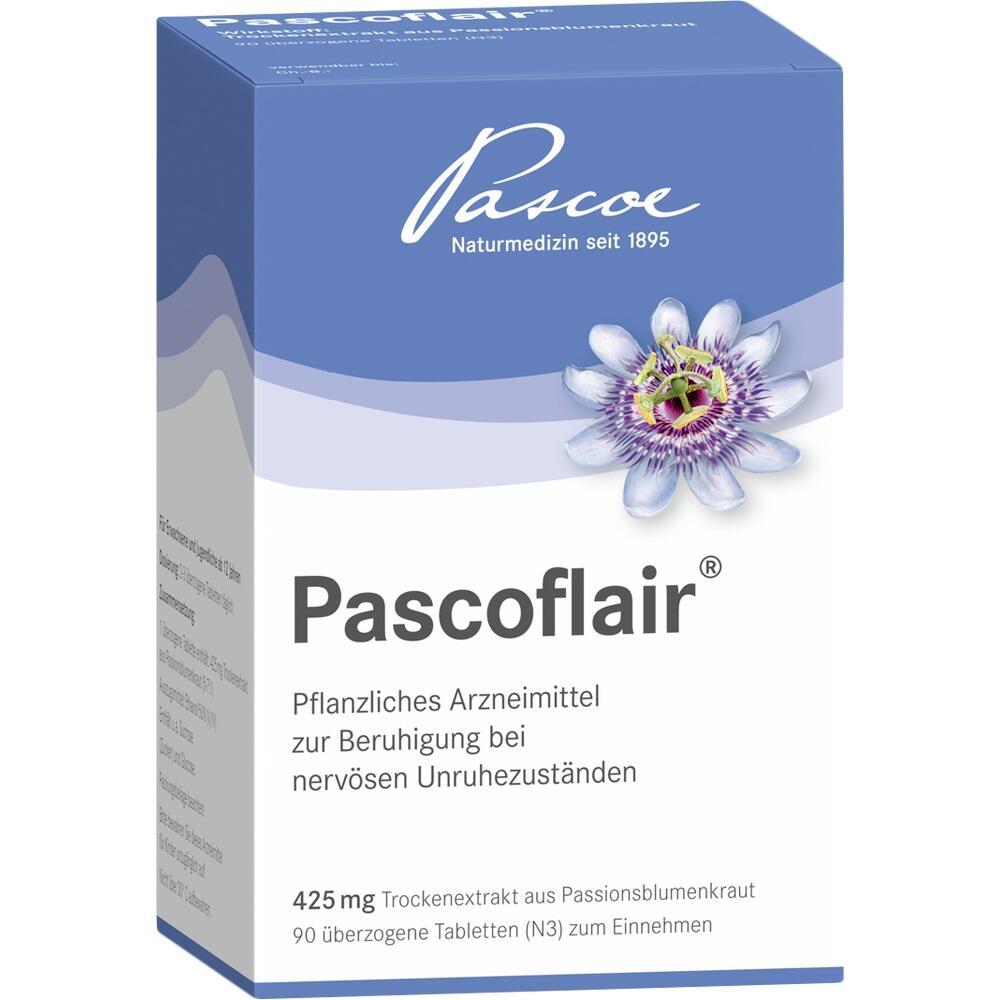 Packung von Pascoflair, einem pflanzlichen Mittel zur Beruhigung bei Nervosit&auml;t.