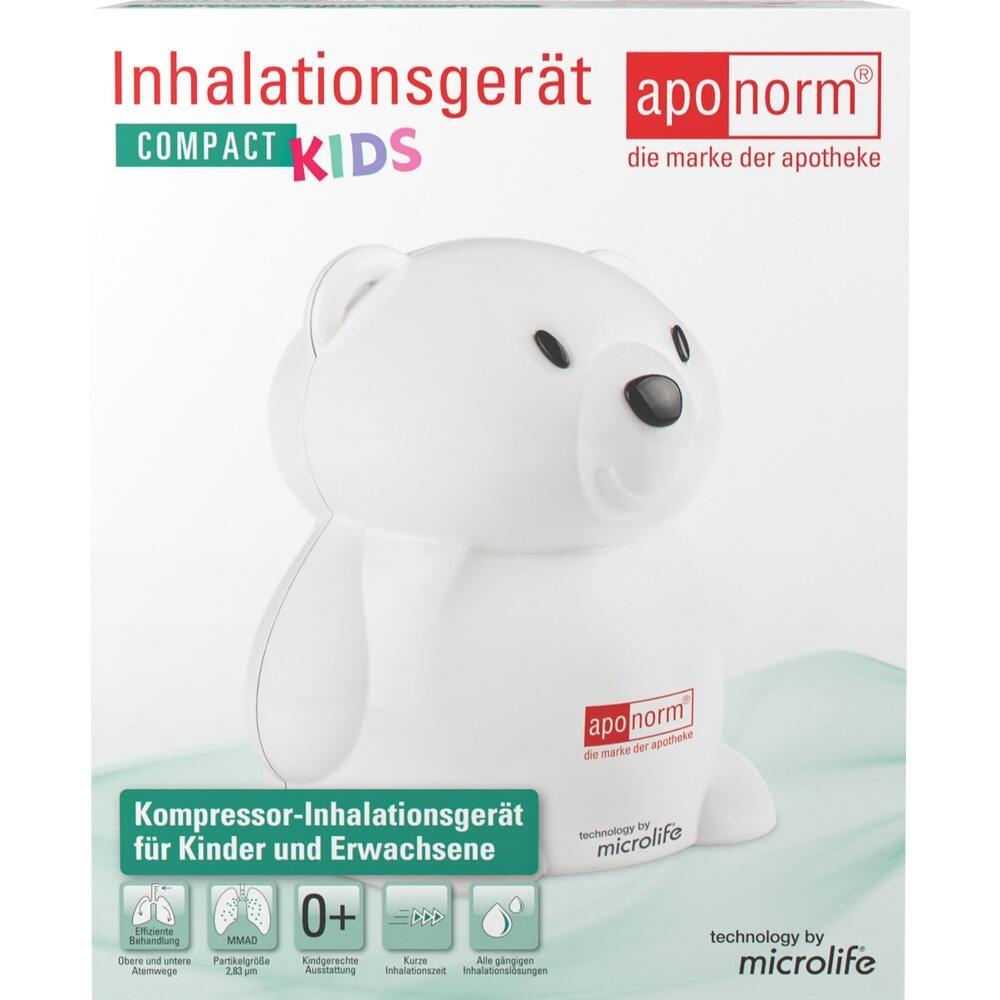 Wei&szlig;es Inhalationsger&auml;t in B&auml;renform f&uuml;r Kinder und Erwachsene auf Verpackung.