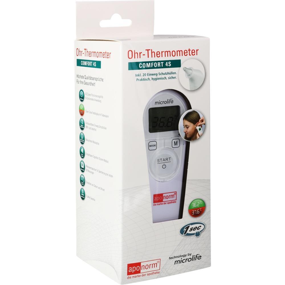 Verpackung eines Ohrthermometers mit digitalem Display und Bild einer Messung.