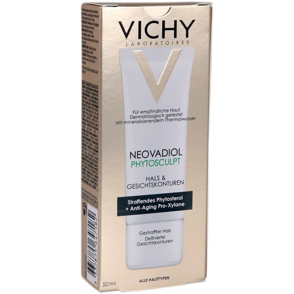 Eine goldene Schachtel mit einer Vichy Neovadiol Phytosculpt Hals- und Gesichtspflege.