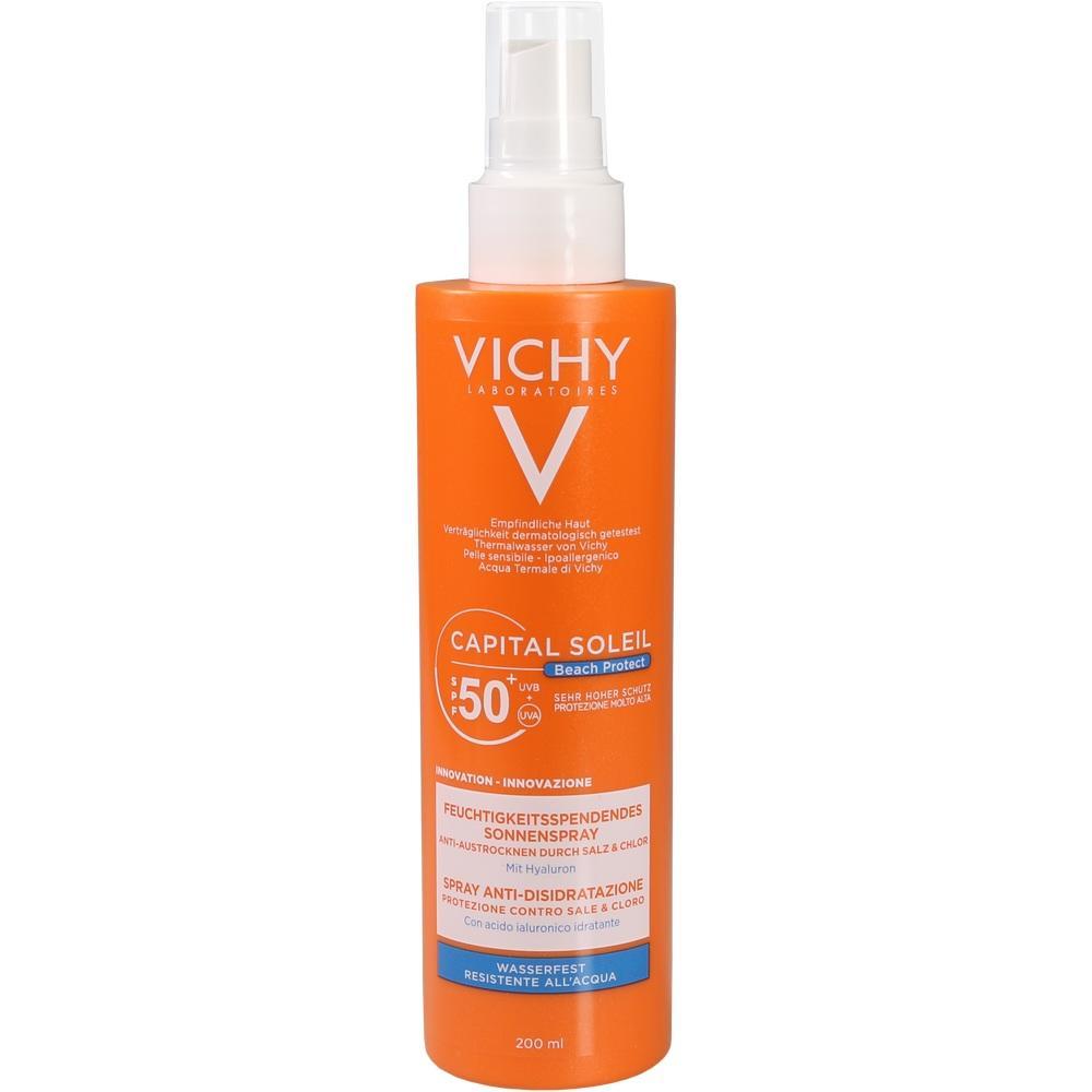 Orangenes Sonnencremespray von Vichy mit Lichtschutzfaktor 50.