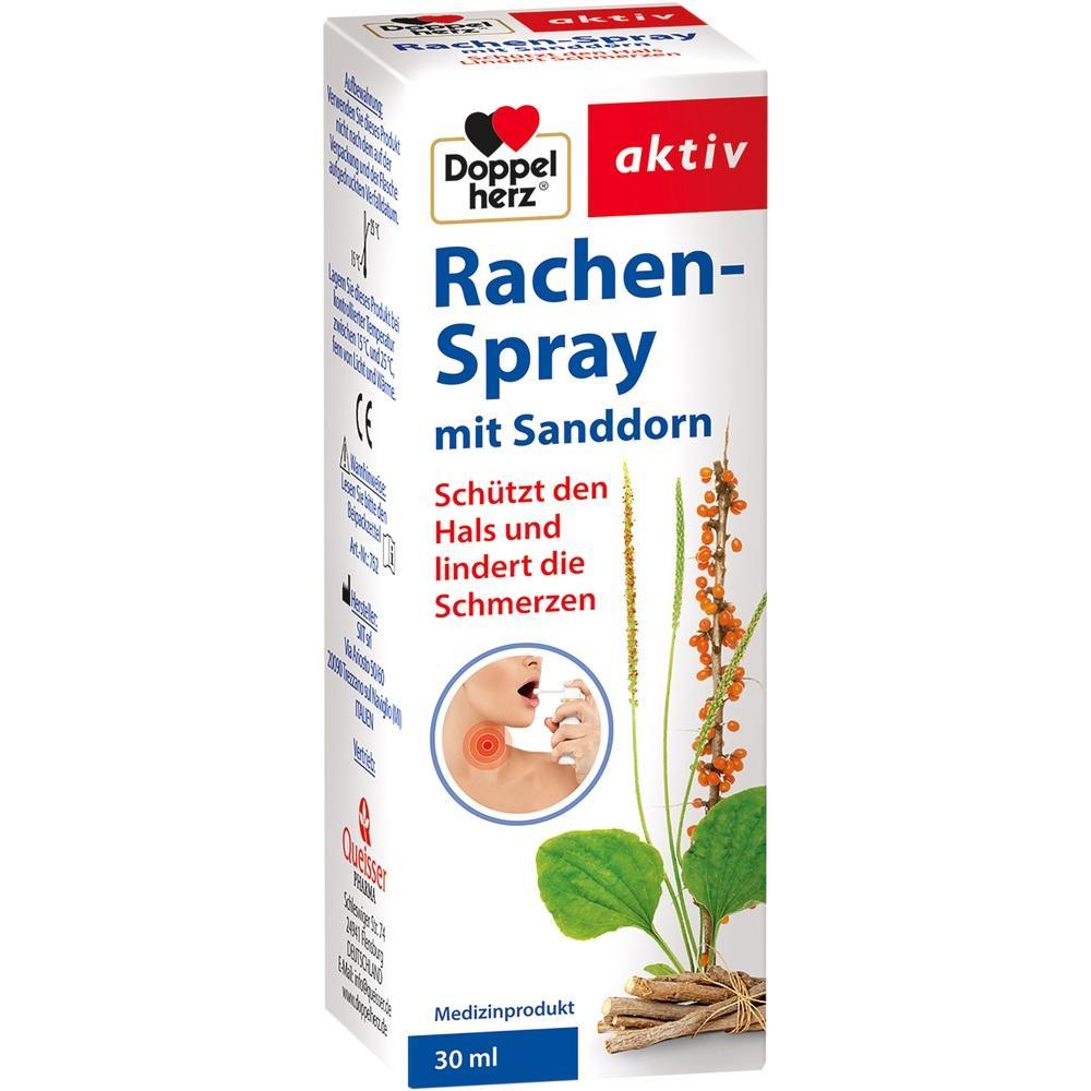 Verpackung eines Rachensprays mit Sanddorn zur Linderung von Halsschmerzen.
