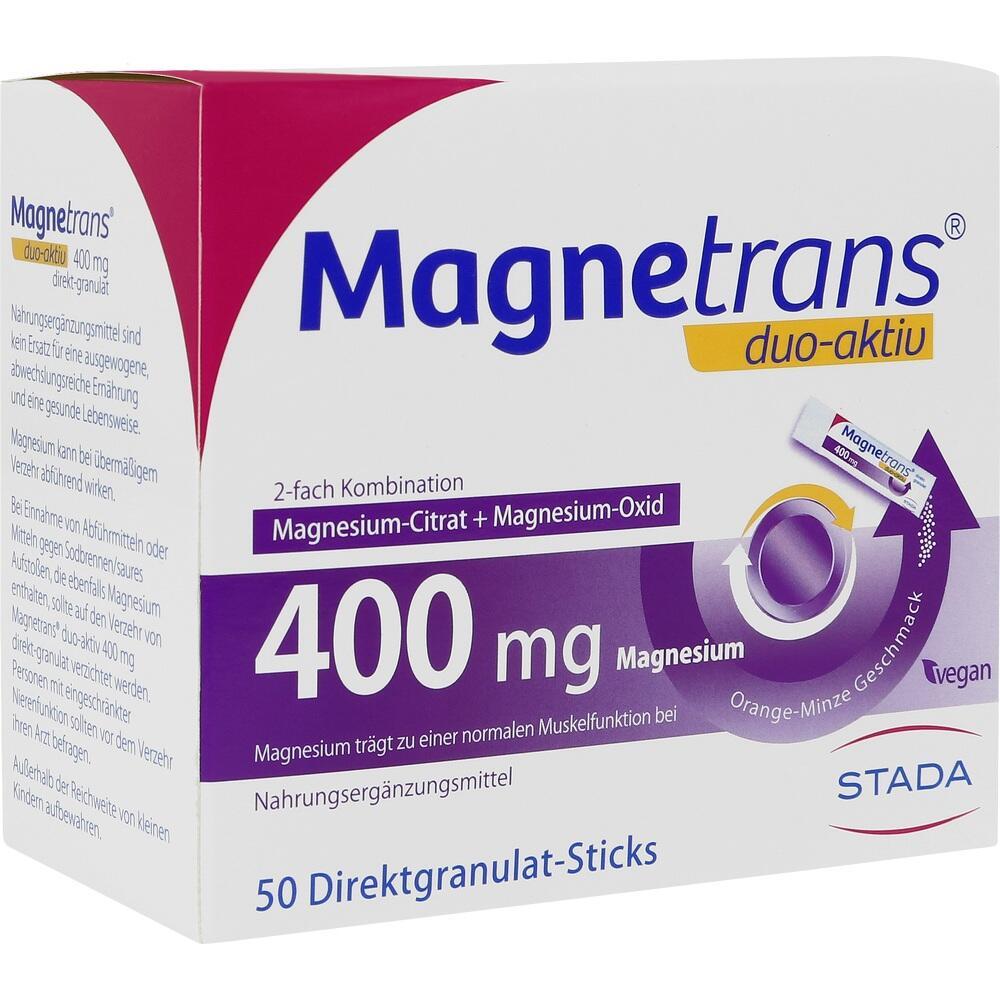 Weiße und lila Verpackung von Magnesium-Granulat mit 400 mg Inhalt.