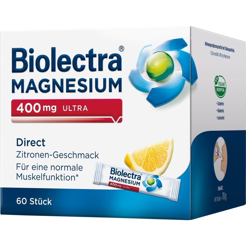 Wei&szlig;e Verpackung von Biolectra Magnesium mit Zitronen-Geschmack, 400 mg, 60 St&uuml;ck.