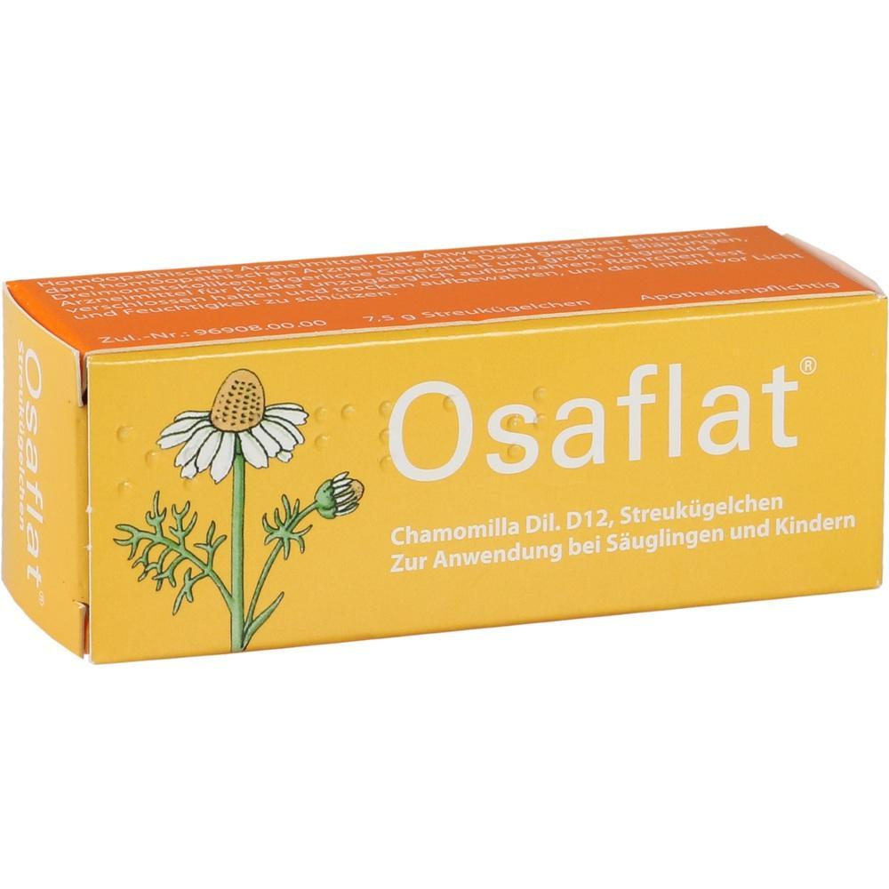 Orange Schachtel mit Kamille-Bild und Aufschrift "Osaflat" für Kinder.