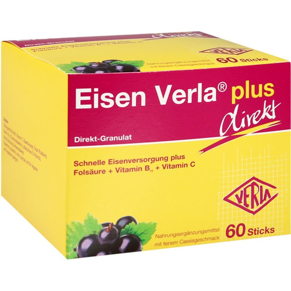 Gelbe Verpackung von Eisen-Verla plus mit 60 Sticks und Cassisgeschmack.